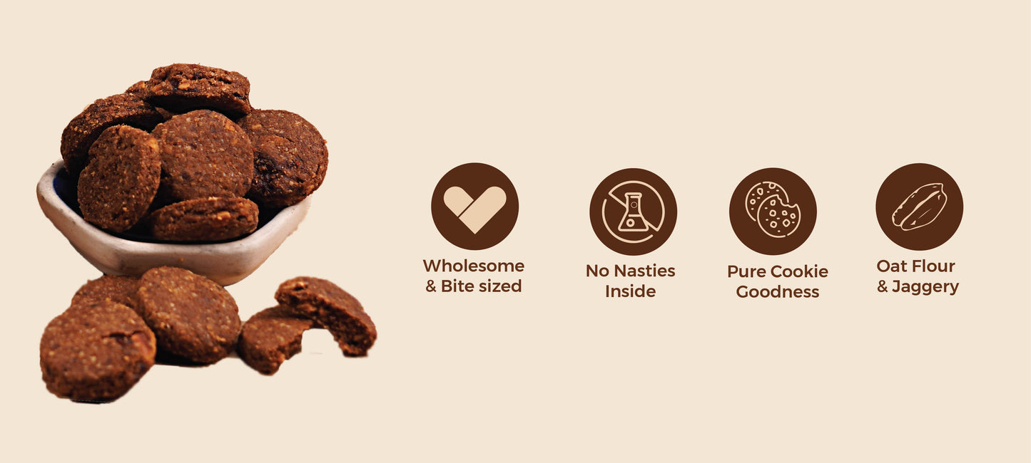 Hachi bite size, healty, oat flour and jaggery cookies
