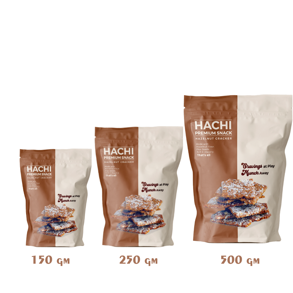 150,250 and 500 grams of hachi crunchy and healthy hazelnut Cracker snack