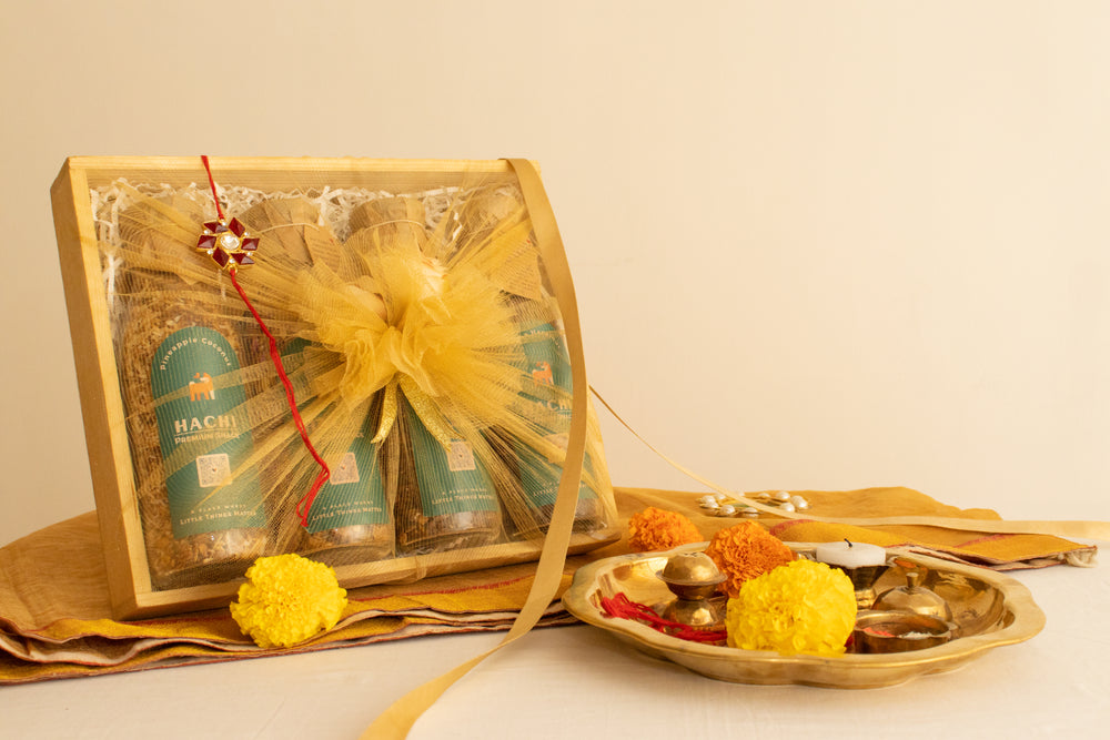 Festive wooden gift box – 4 premium granola jars, Rakhi special hamper